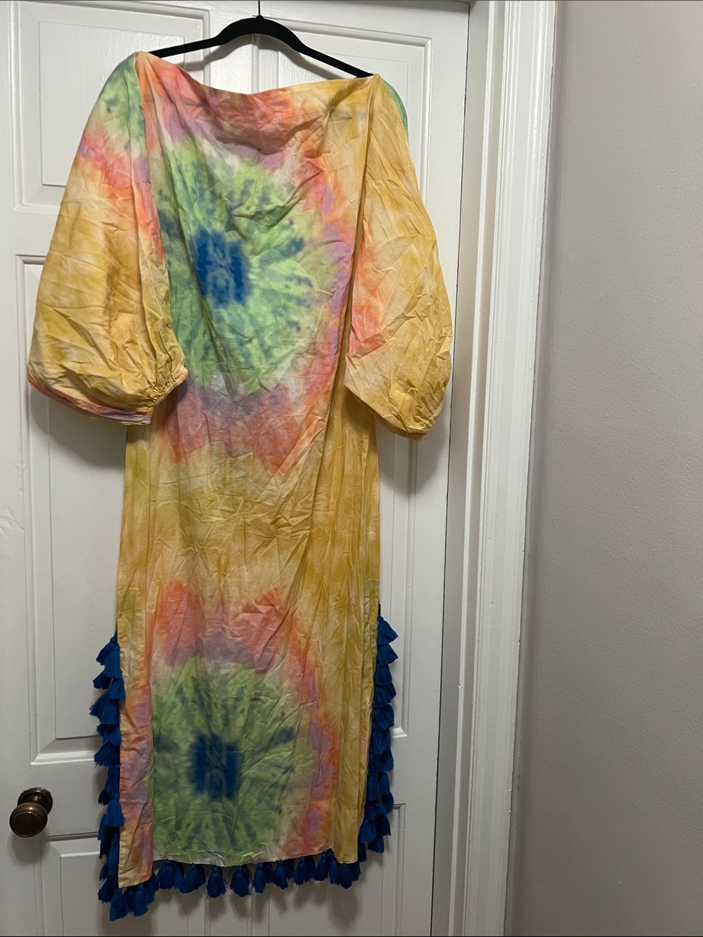NWT Rhode “Resort” Yellow Tie-Dye Puff-Sleeve Dress with Blue Tassels